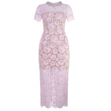 Pink Fine Lace Pearl Midi Dress