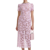 Pink Fine Lace Pearl Midi Dress
