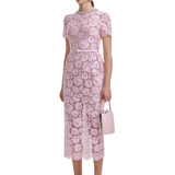 Pink Fine Lace Pearl Midi Dress