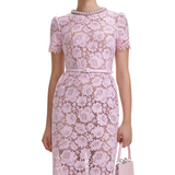 Pink Fine Lace Pearl Midi Dress