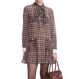 Check Chiffon Mini Dress Brown