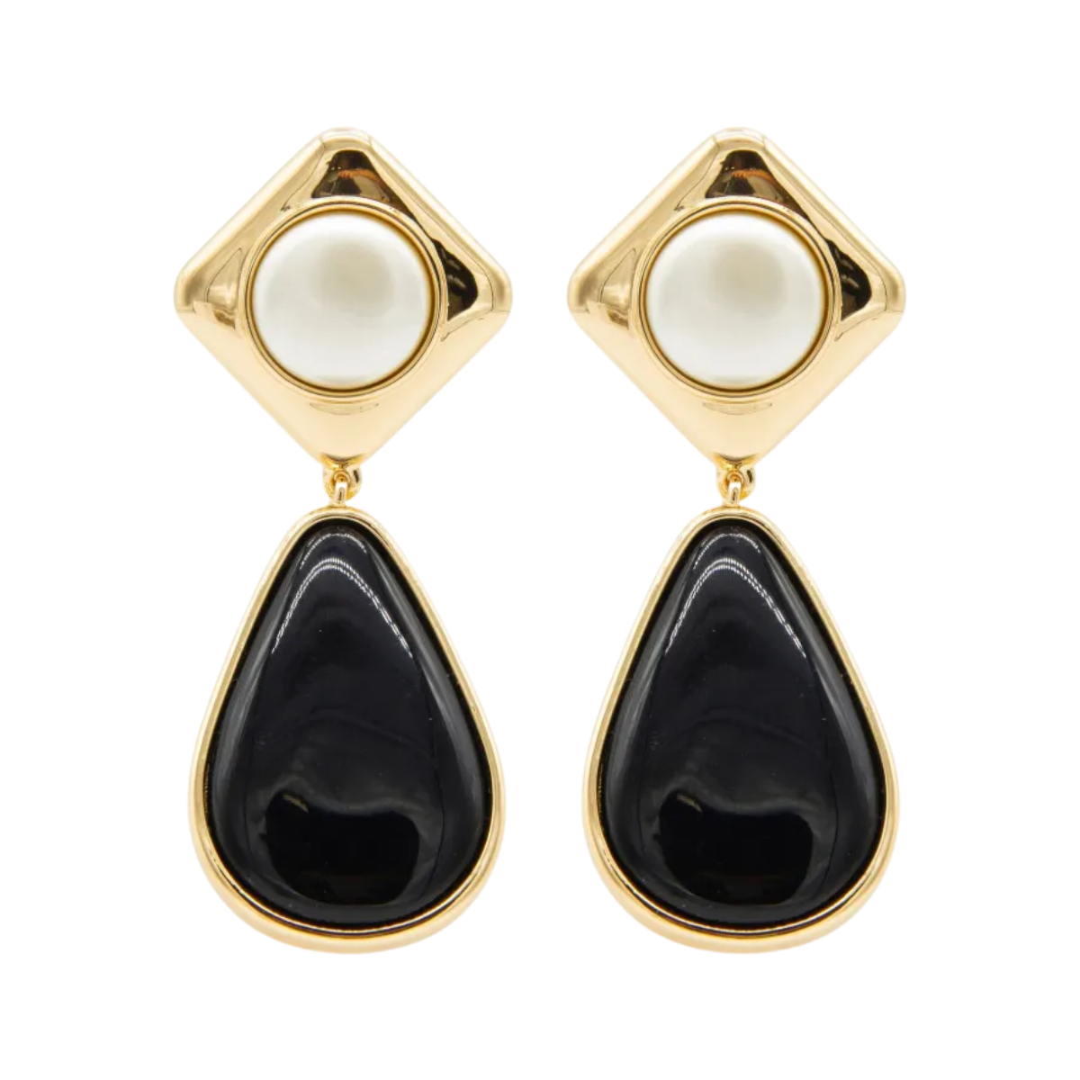 Black Enamel Gold Two Tiered Earrings