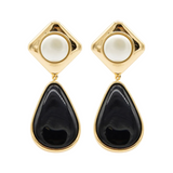 Black Enamel Gold Two Tiered Earrings