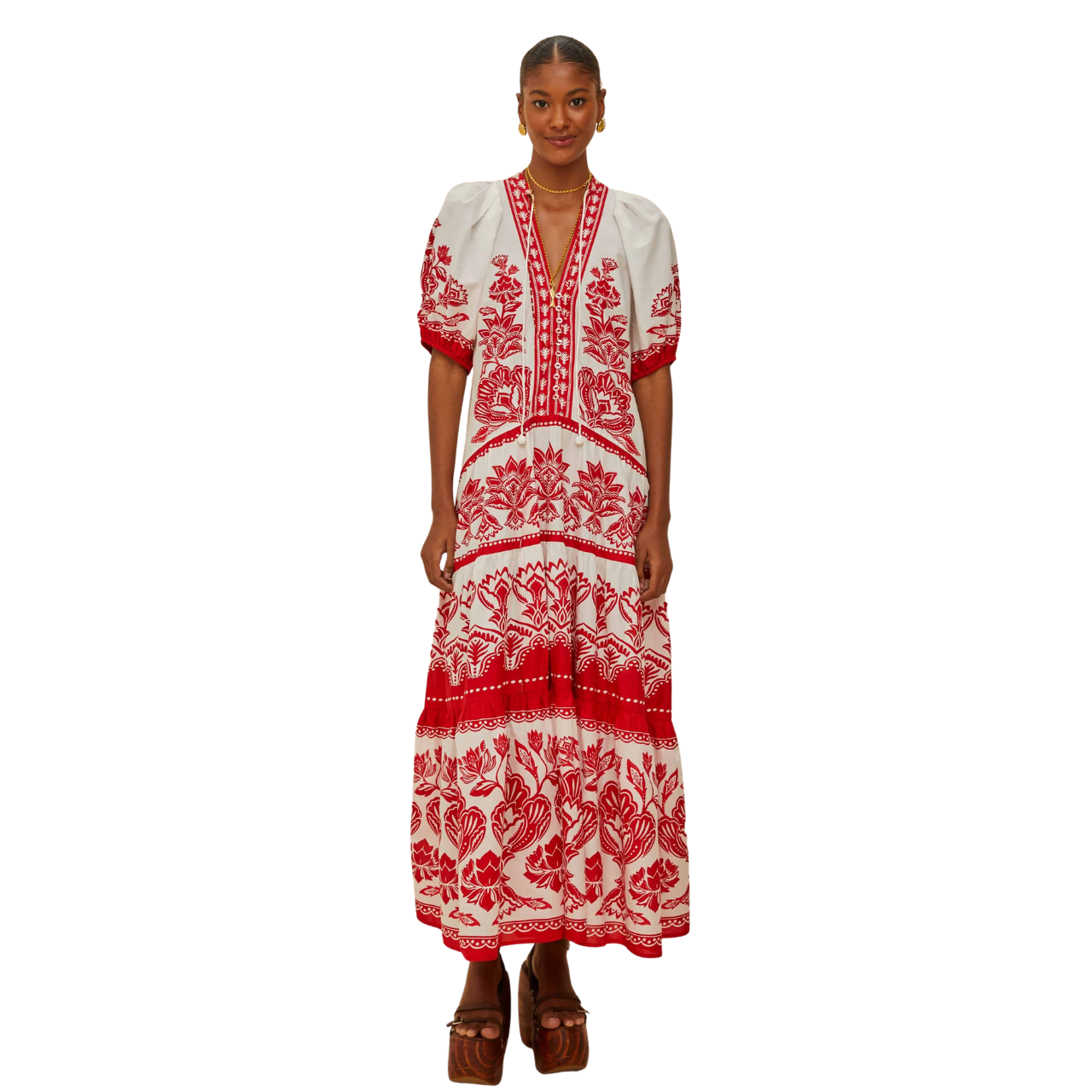 Boho Garden White/Red Midi Dress