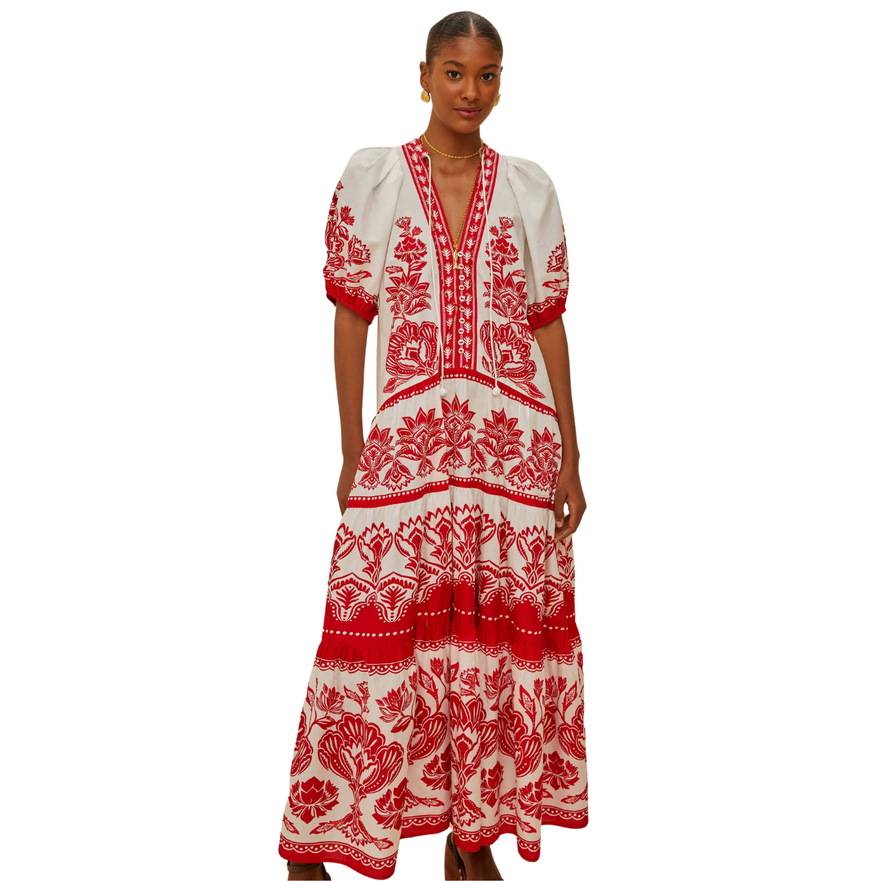 Boho Garden White/Red Midi Dress