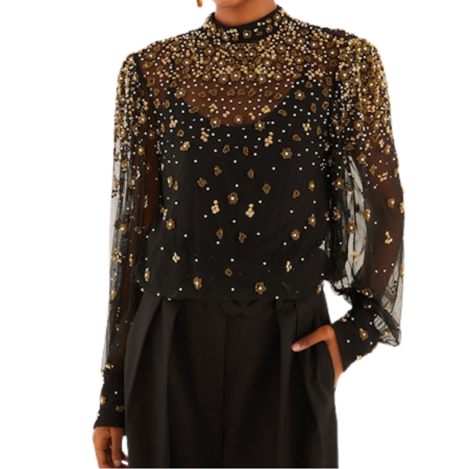 Embroidered Bubble Tulle Black Blouse