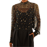 Embroidered Bubble Tulle Black Blouse