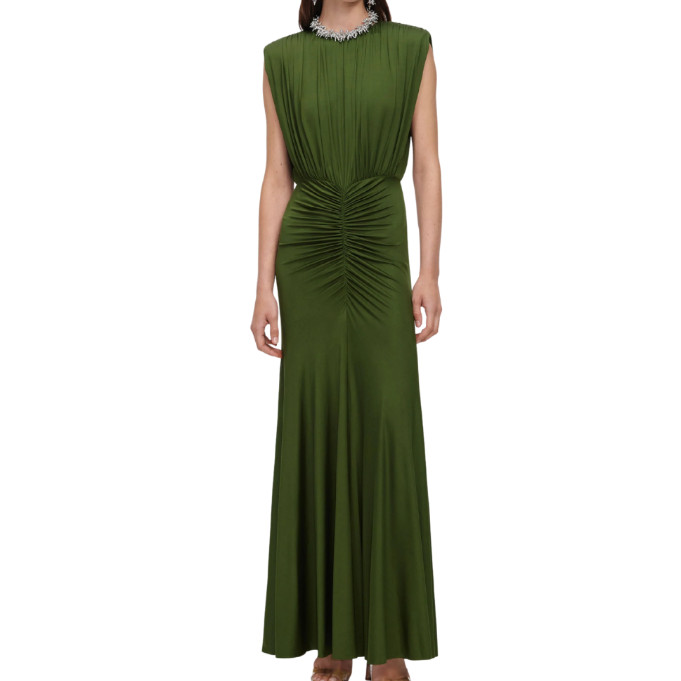 Olive Gathered Maxi Dress