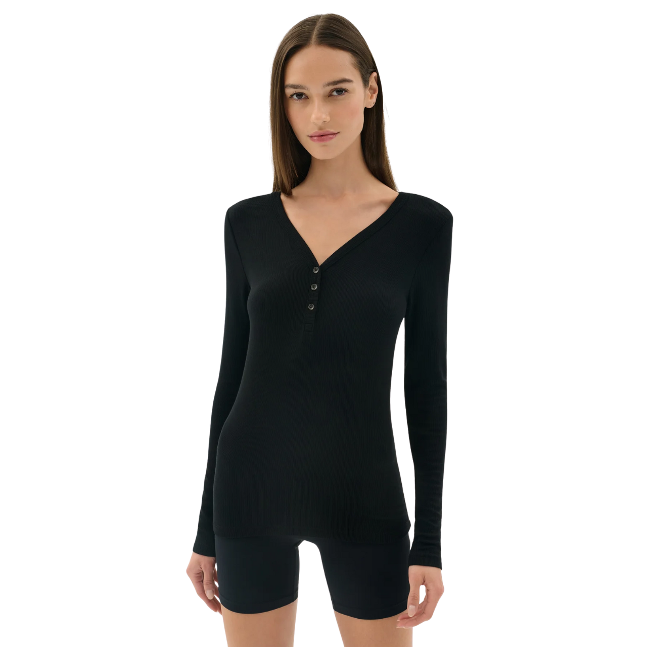 Louise Rib Henley LS Top Black