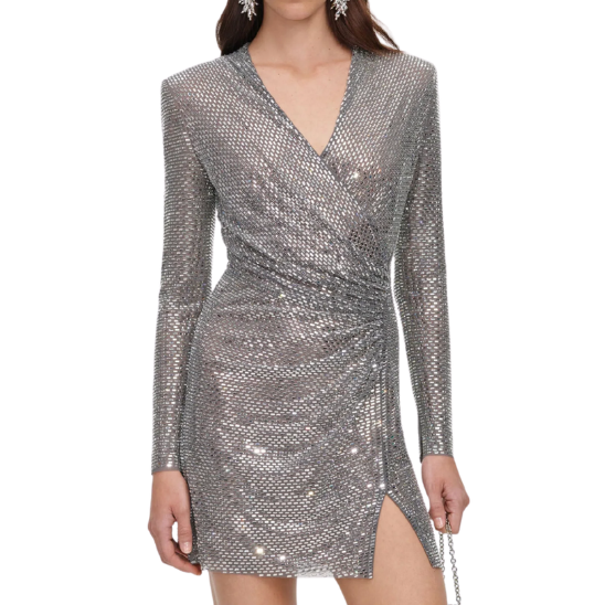 Grey Rhinestone Mesh Mini Dress