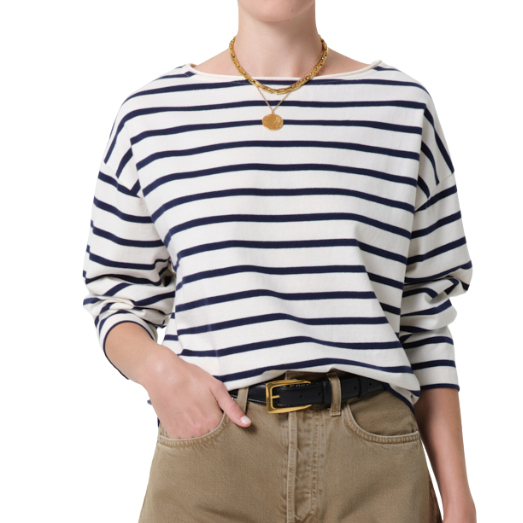 Boat Neck Slim Marine Stripe Long Sleeve T-Shirt