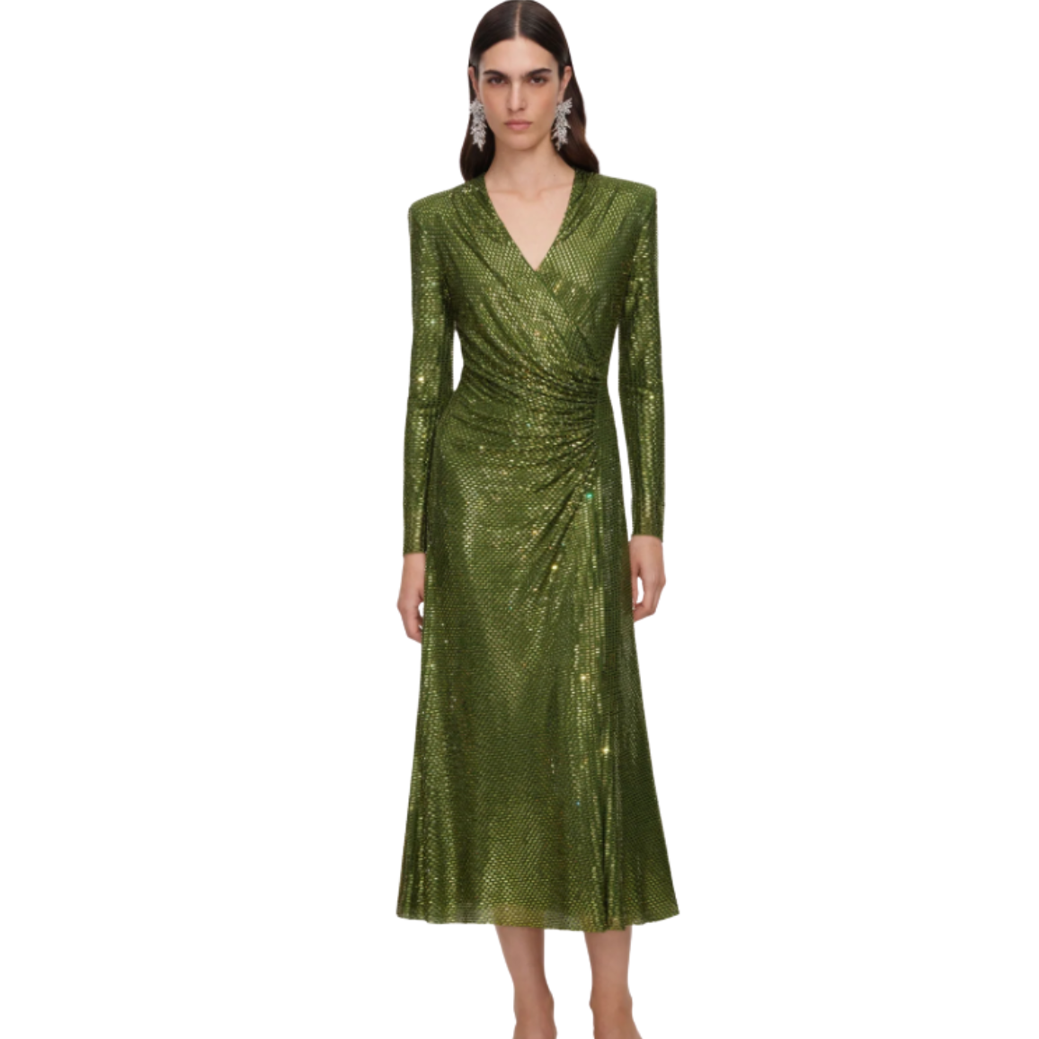 Olive Rhinestone Mesh Midi Dress