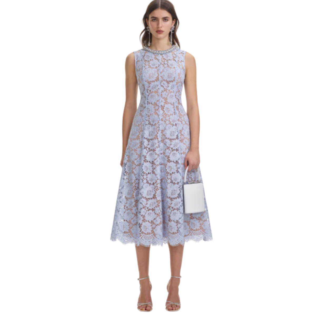 Blue Fine Lace Pearl Midi Dress