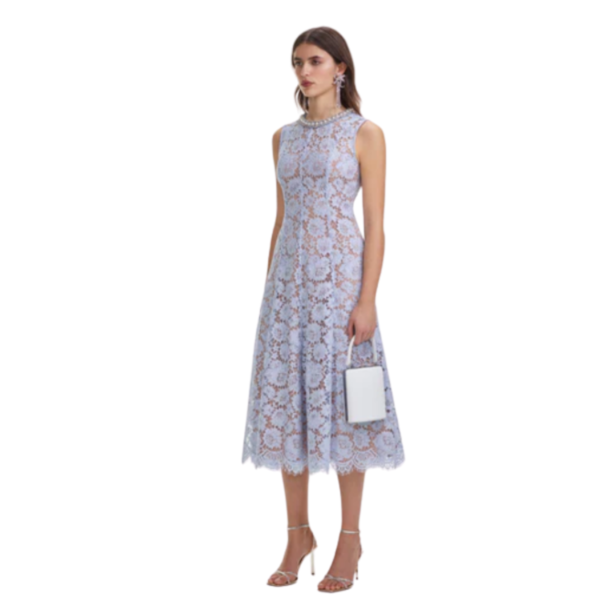Blue Fine Lace Pearl Midi Dress