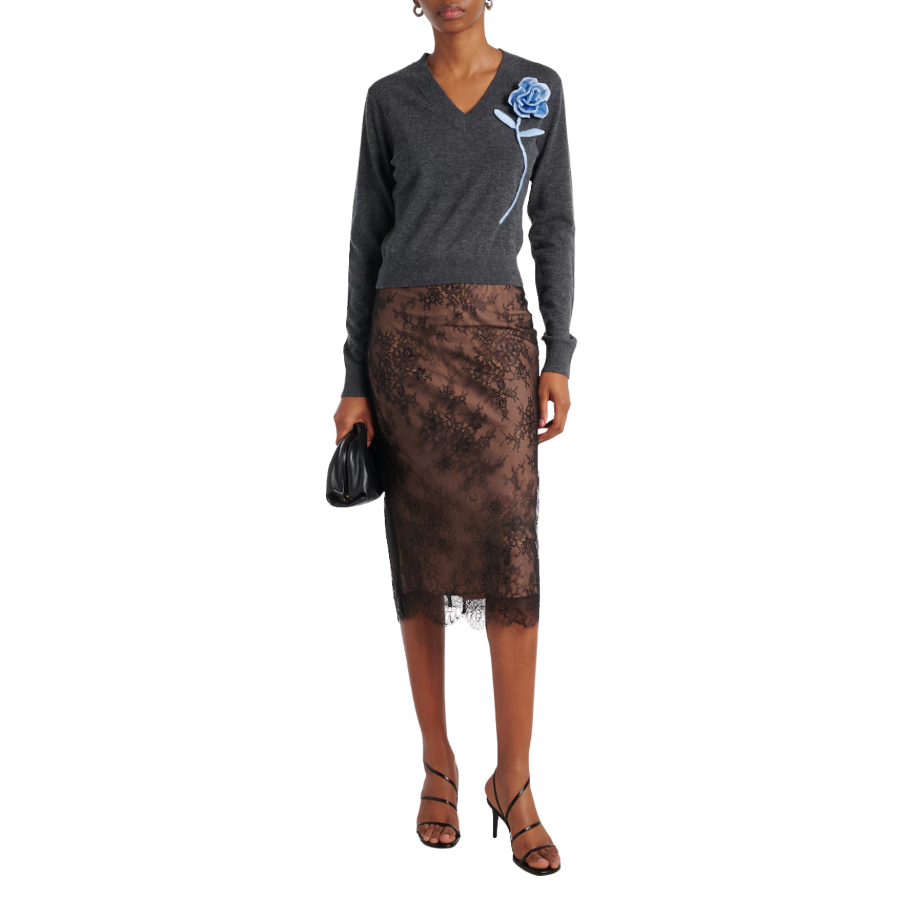 Floral Lace Midi Skirt Black