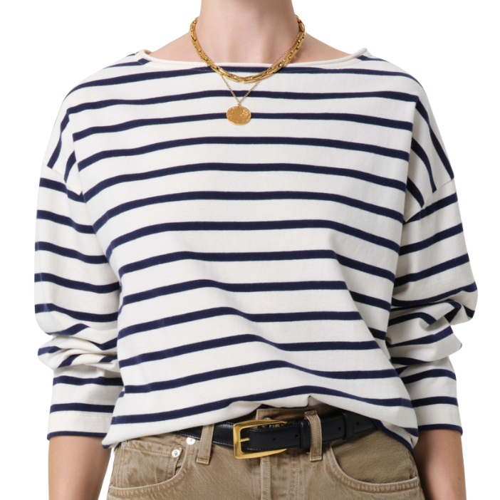 Boat Neck Slim Marine Stripe Long Sleeve T-Shirt