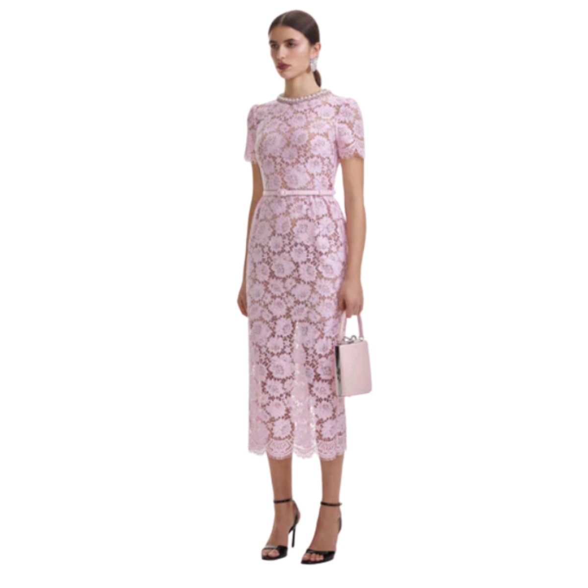 Pink Fine Lace Pearl Midi Dress