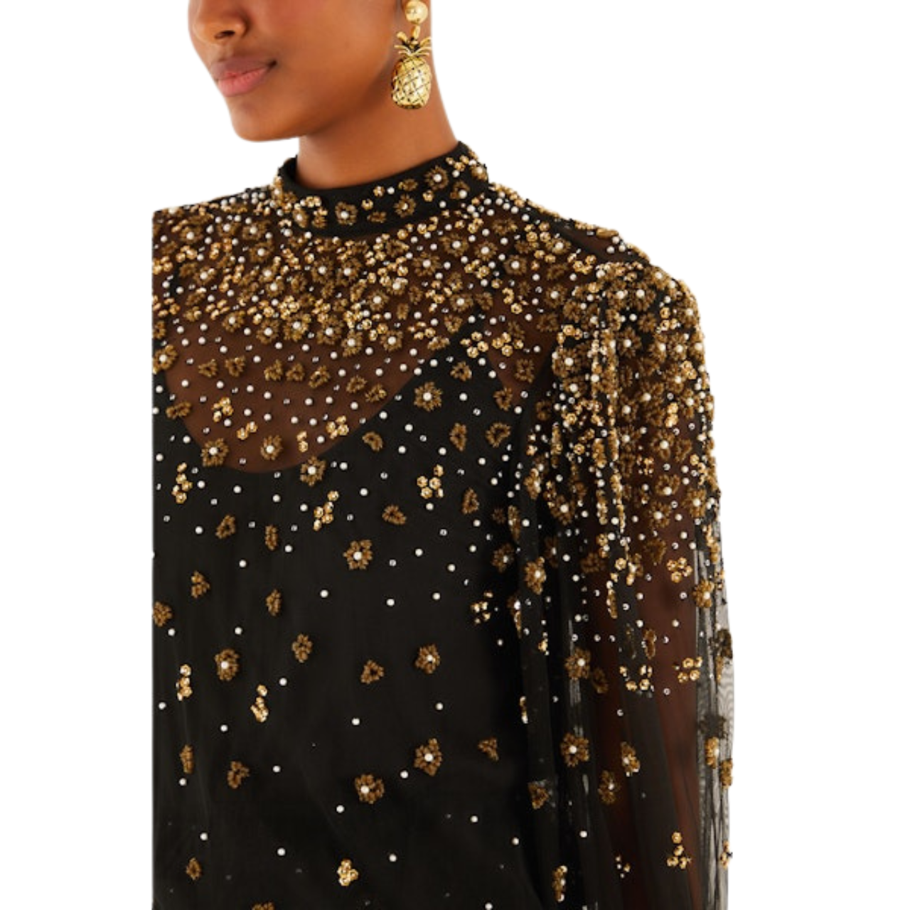 Embroidered Bubble Tulle Black Blouse