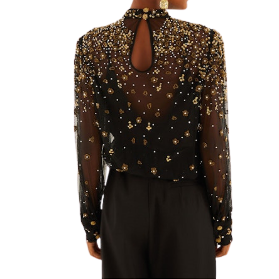 Embroidered Bubble Tulle Black Blouse