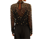 Embroidered Bubble Tulle Black Blouse
