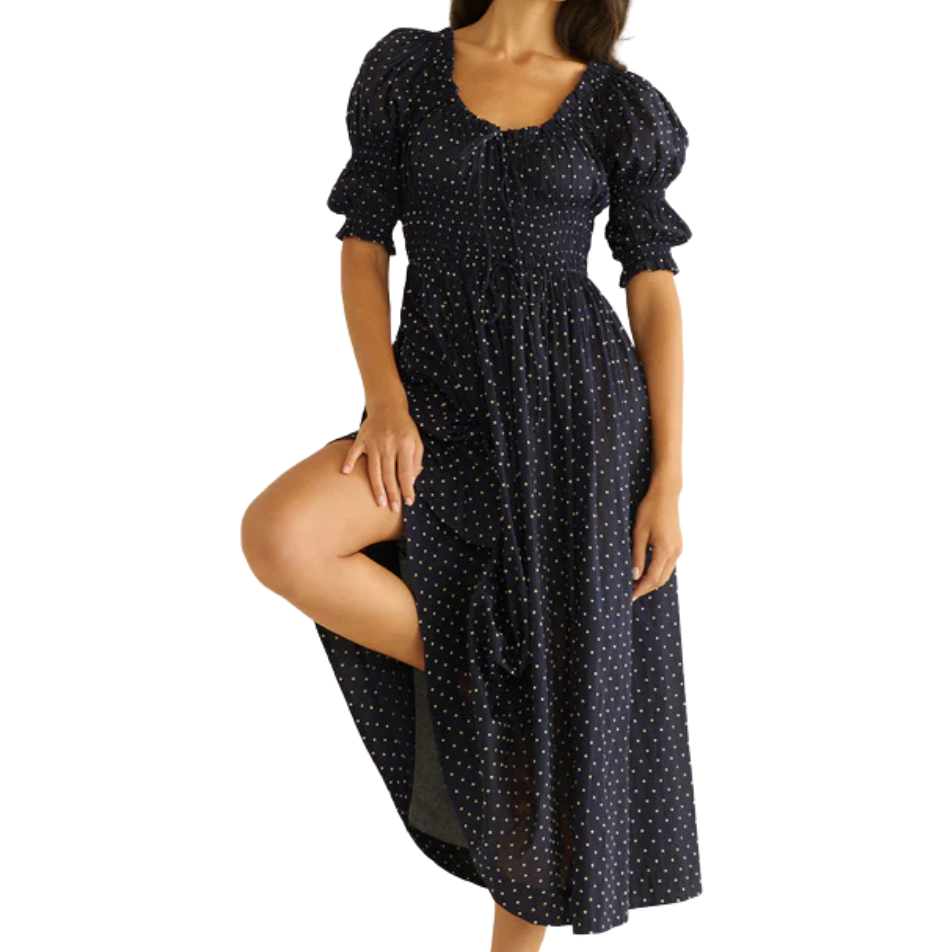 Ischia Navy Flock Dot Dress