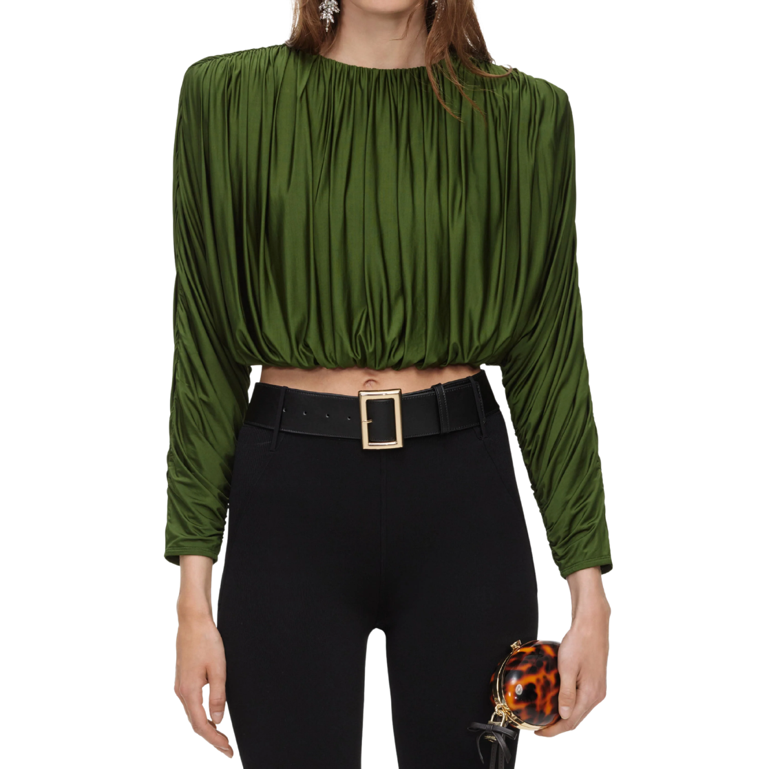 Olive Jersey Gathered Top
