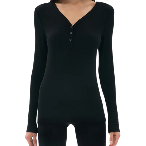 Louise Rib Henley LS Top Black
