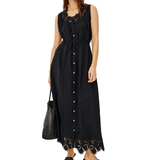 Woman wearing a Rails black sleeveless dress with lace details on a white background