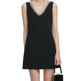 Crepe Crystal Trim Dress Black