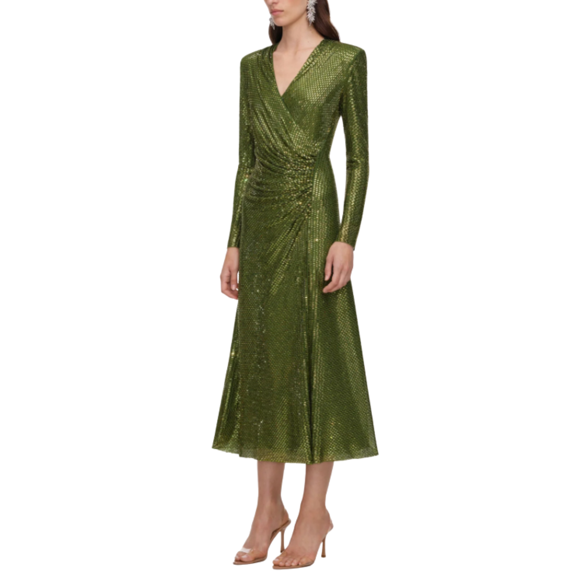 Olive Rhinestone Mesh Midi Dress