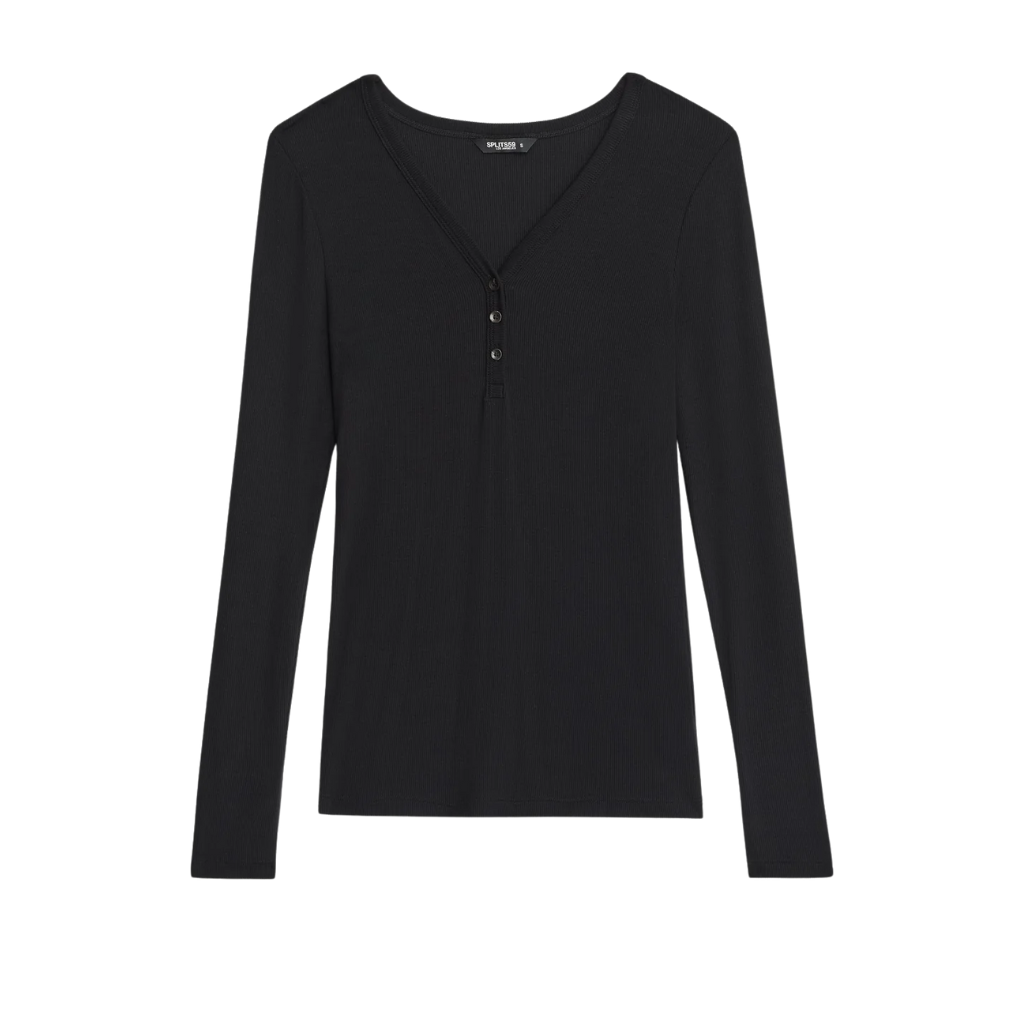 Louise Rib Henley LS Top Black