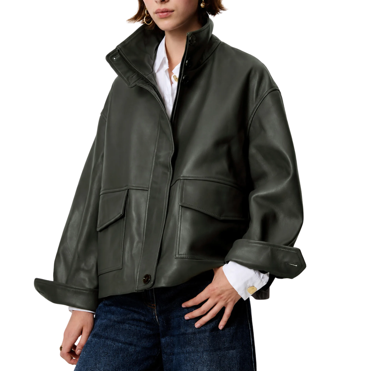 Alvann Funnel Neck Leather Jacket
