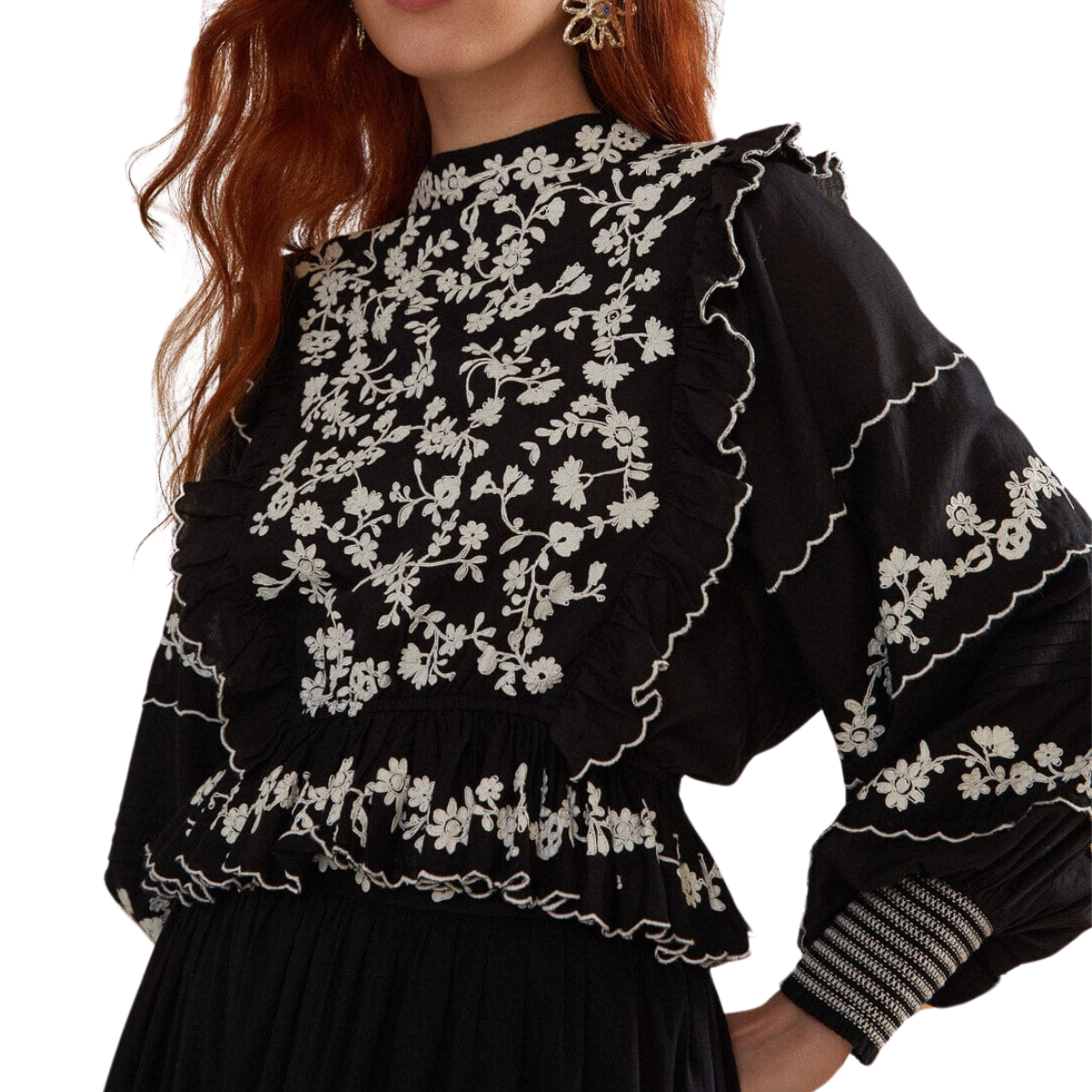 Embroidered Ruffle Long Sleeve Black