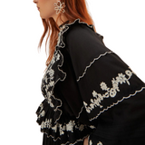 Embroidered Ruffle Long Sleeve Black