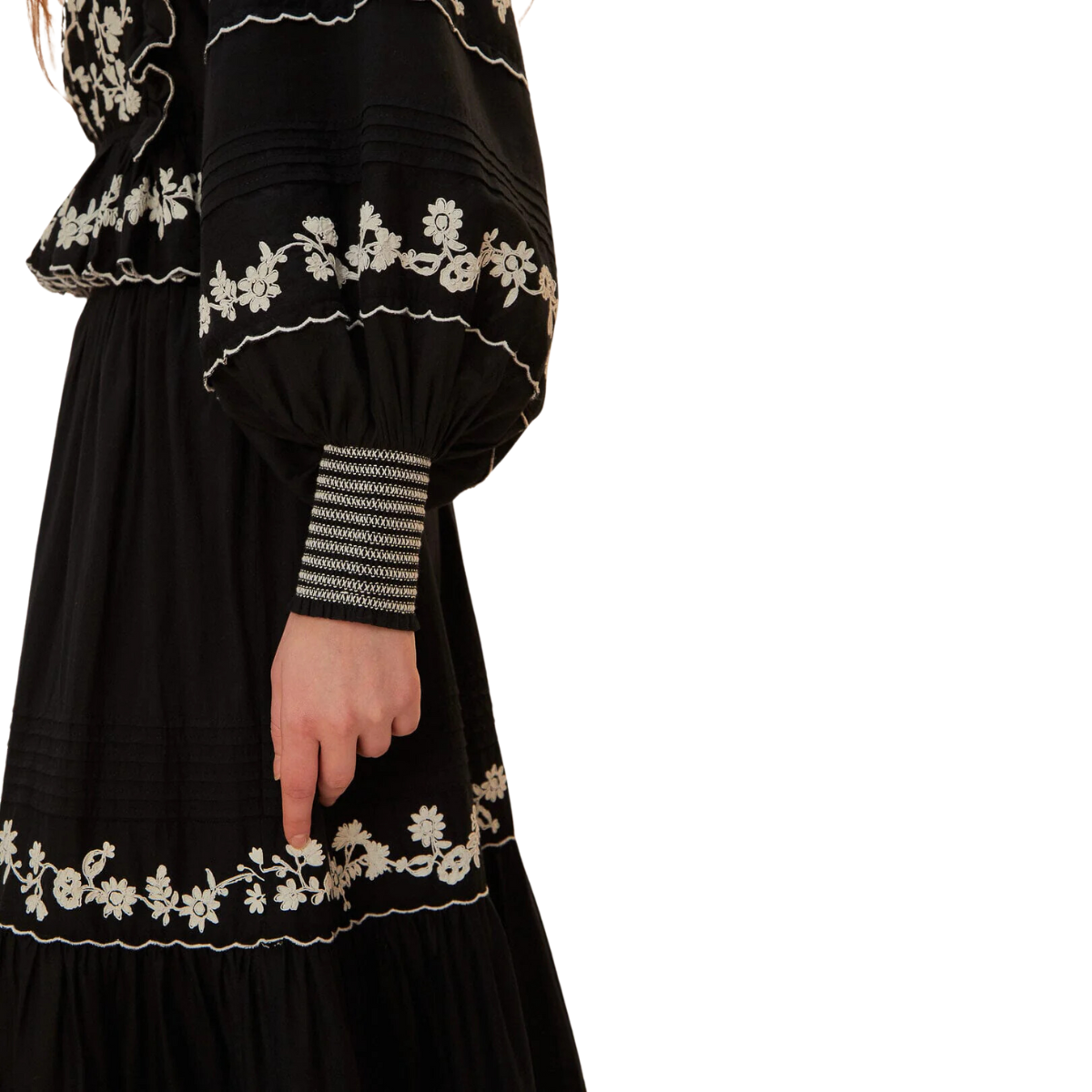 Embroidered Ruffle Long Sleeve Black