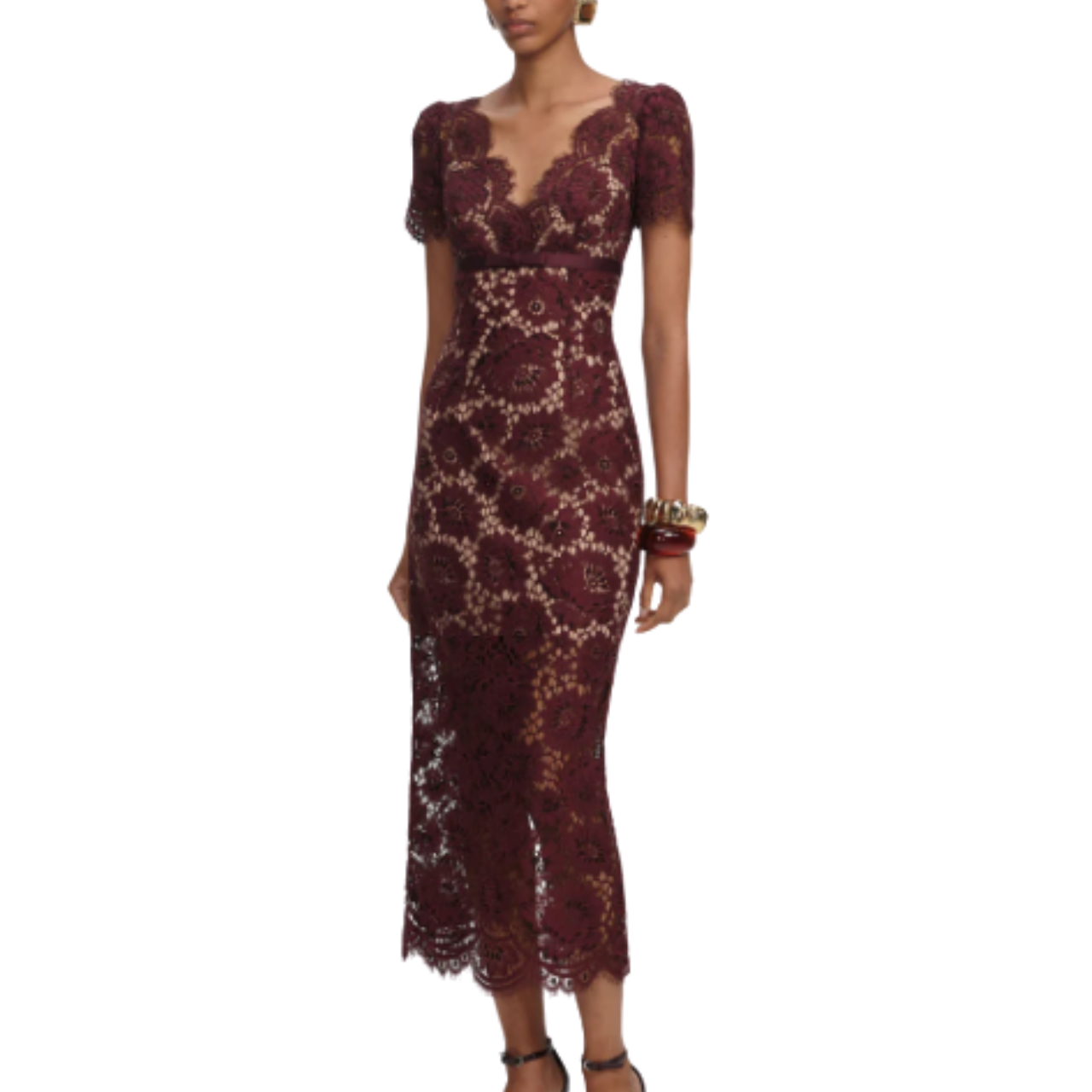 Floral Lace Midi Dress Burgundy