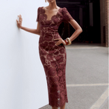 Floral Lace Midi Dress Burgundy