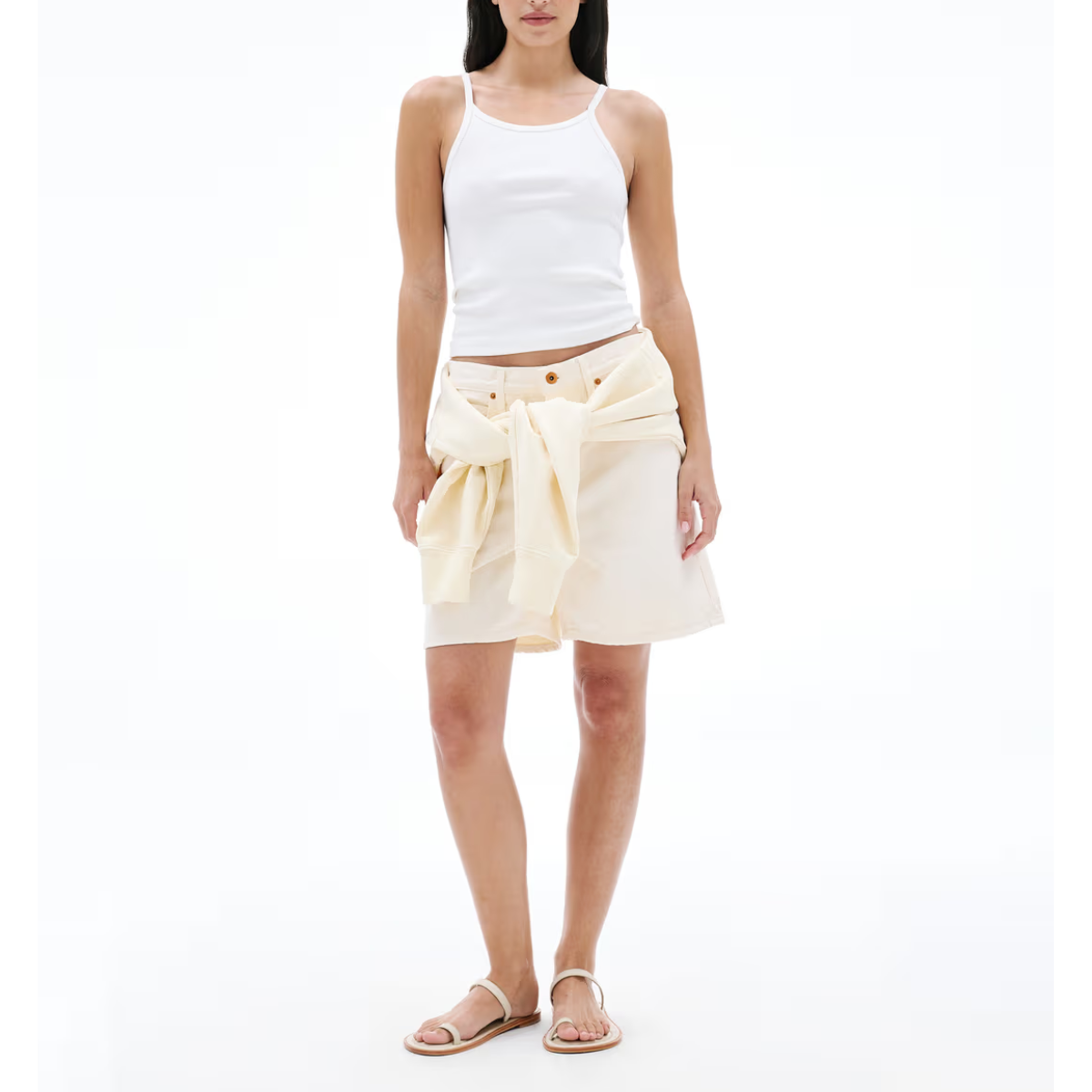 Ecru Square Denim Mid-Length Shorts