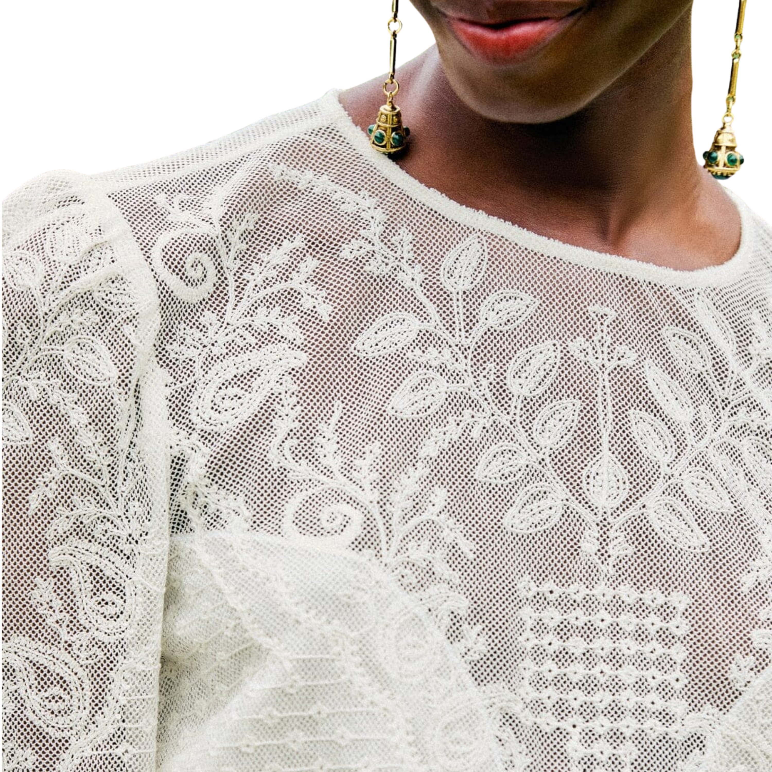 Off White Tulle Embroidery Blouse