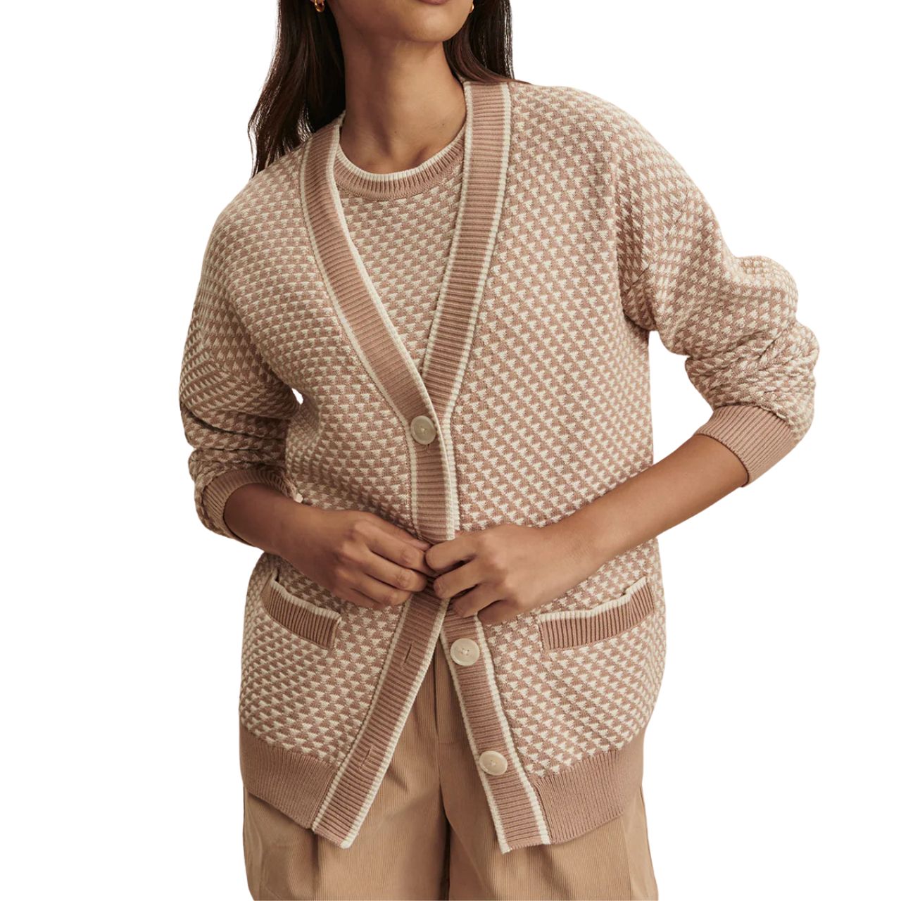Tarran Stitch Knit Cardigan Taupe