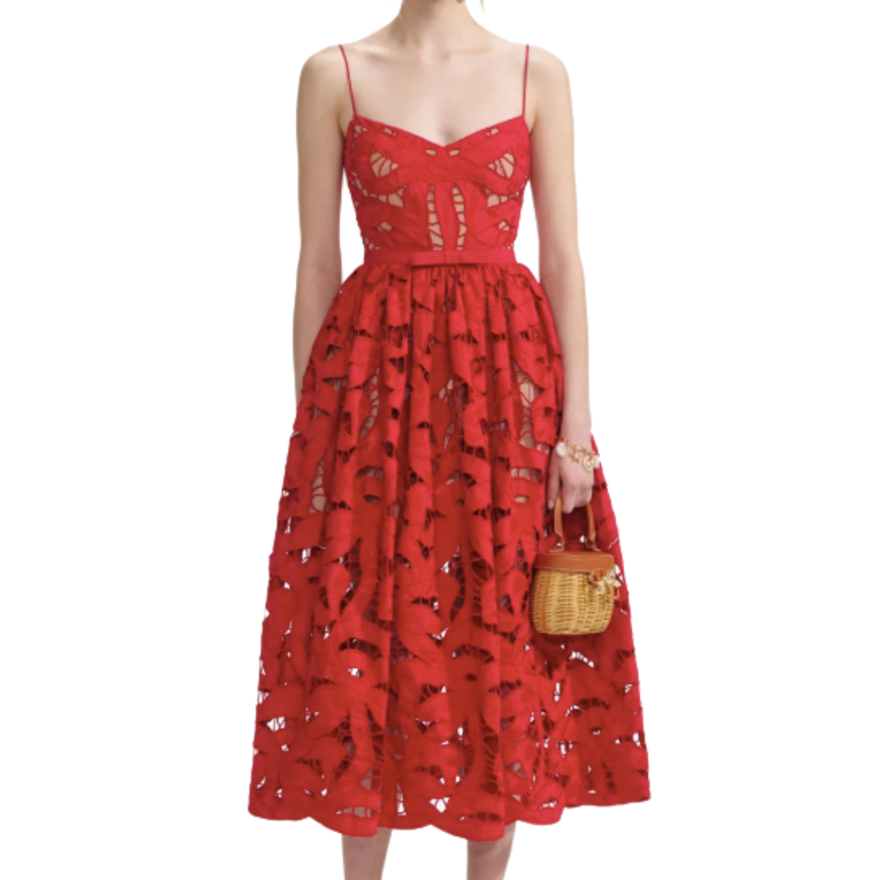 Red Bow Embroidered Midi Dress