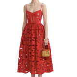 Red Bow Embroidered Midi Dress