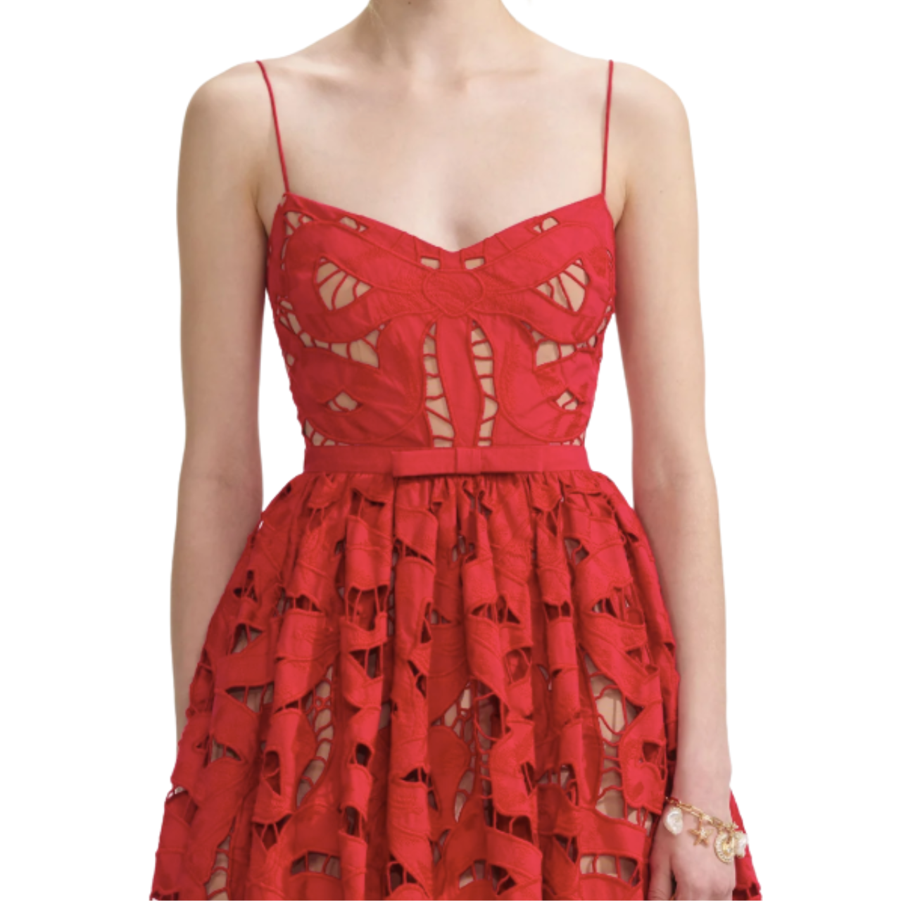 Red Bow Embroidered Midi Dress