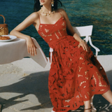 Red Bow Embroidered Midi Dress