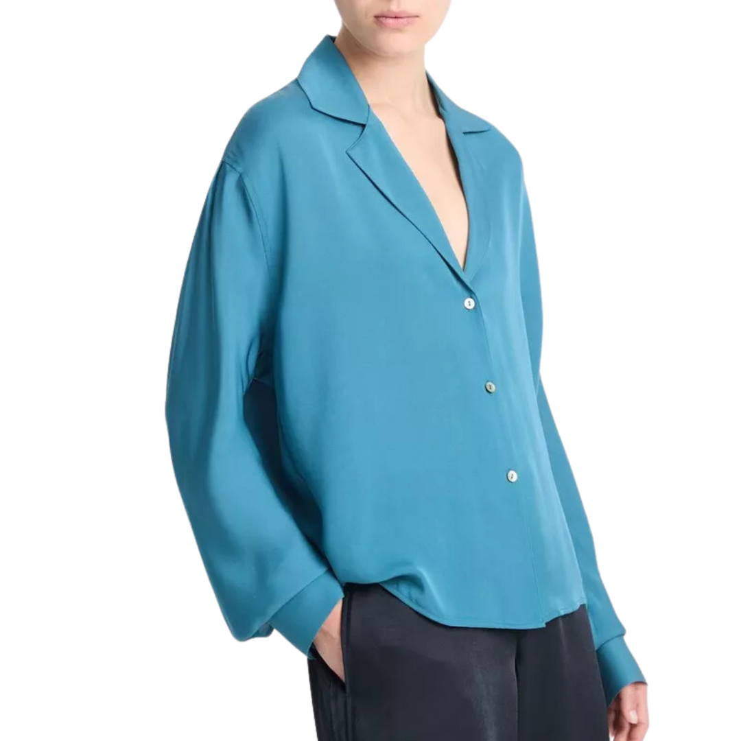 Silk Lapel-Collar Dolman-Sleeve Blouse Blue Waltz