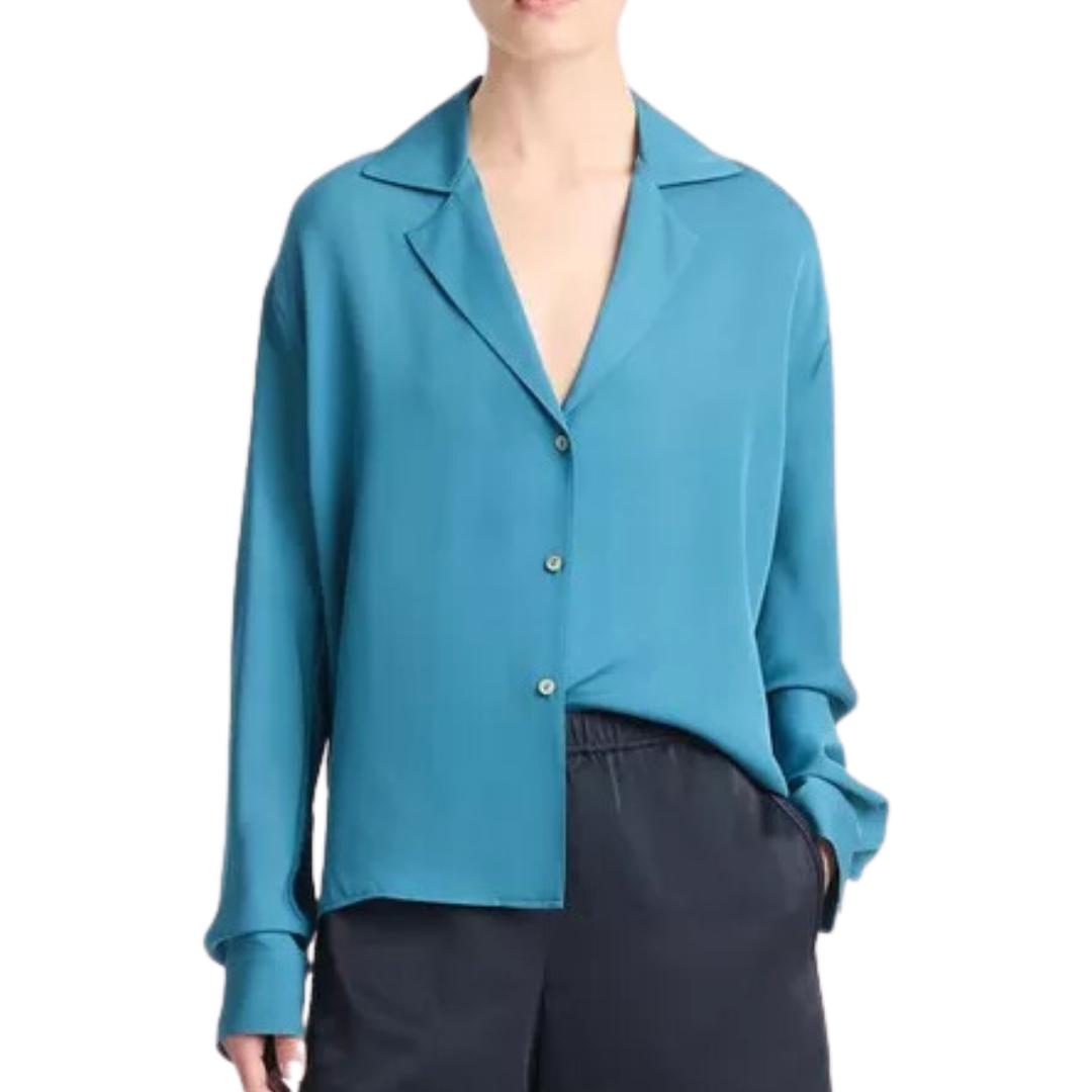 Silk Lapel-Collar Dolman-Sleeve Blouse Blue Waltz