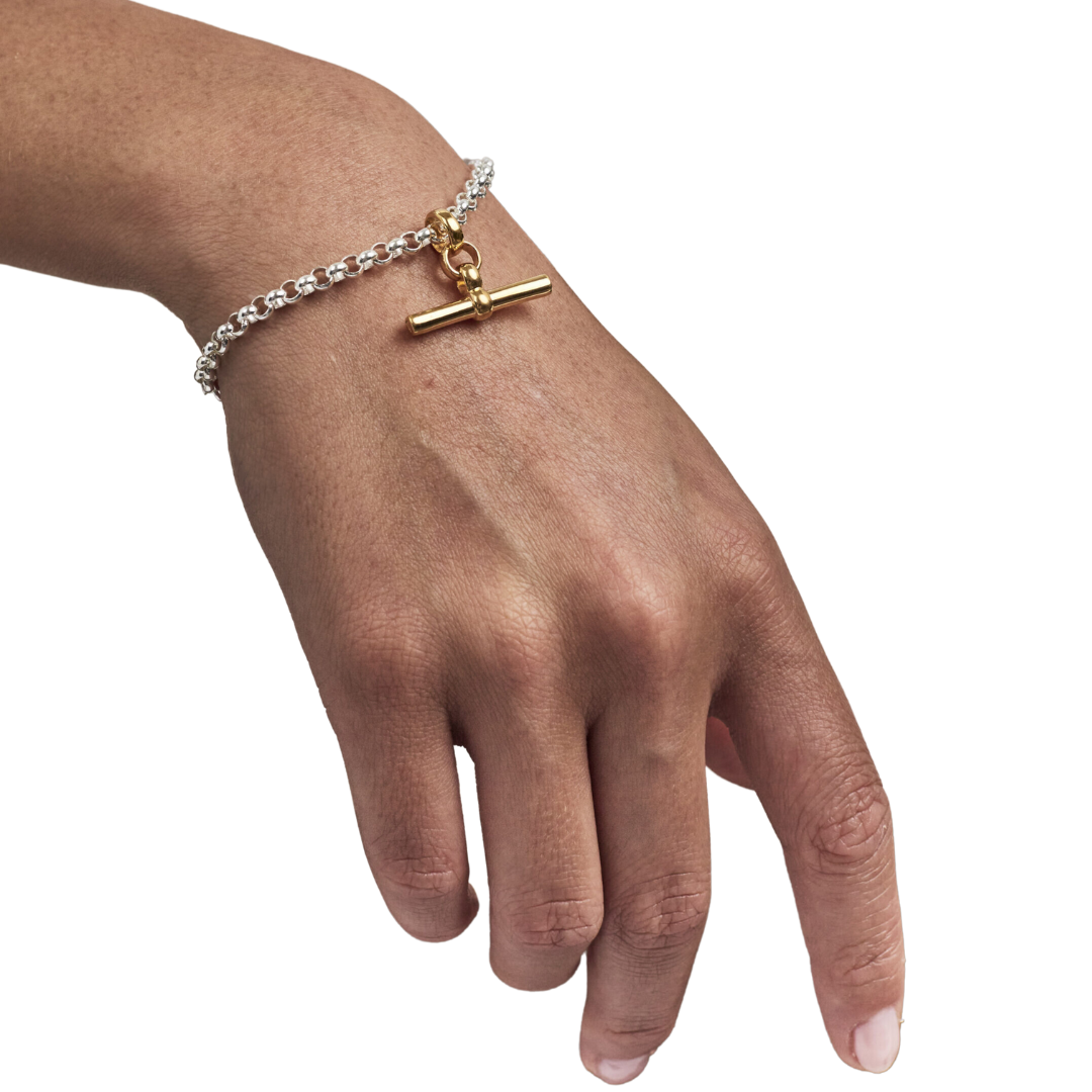 Silver Belcher Bracelet With Gold T-Bar