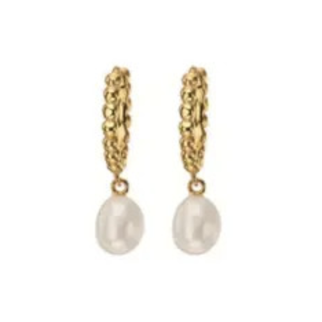 Small Pearl Drop Charm Huggie Gold