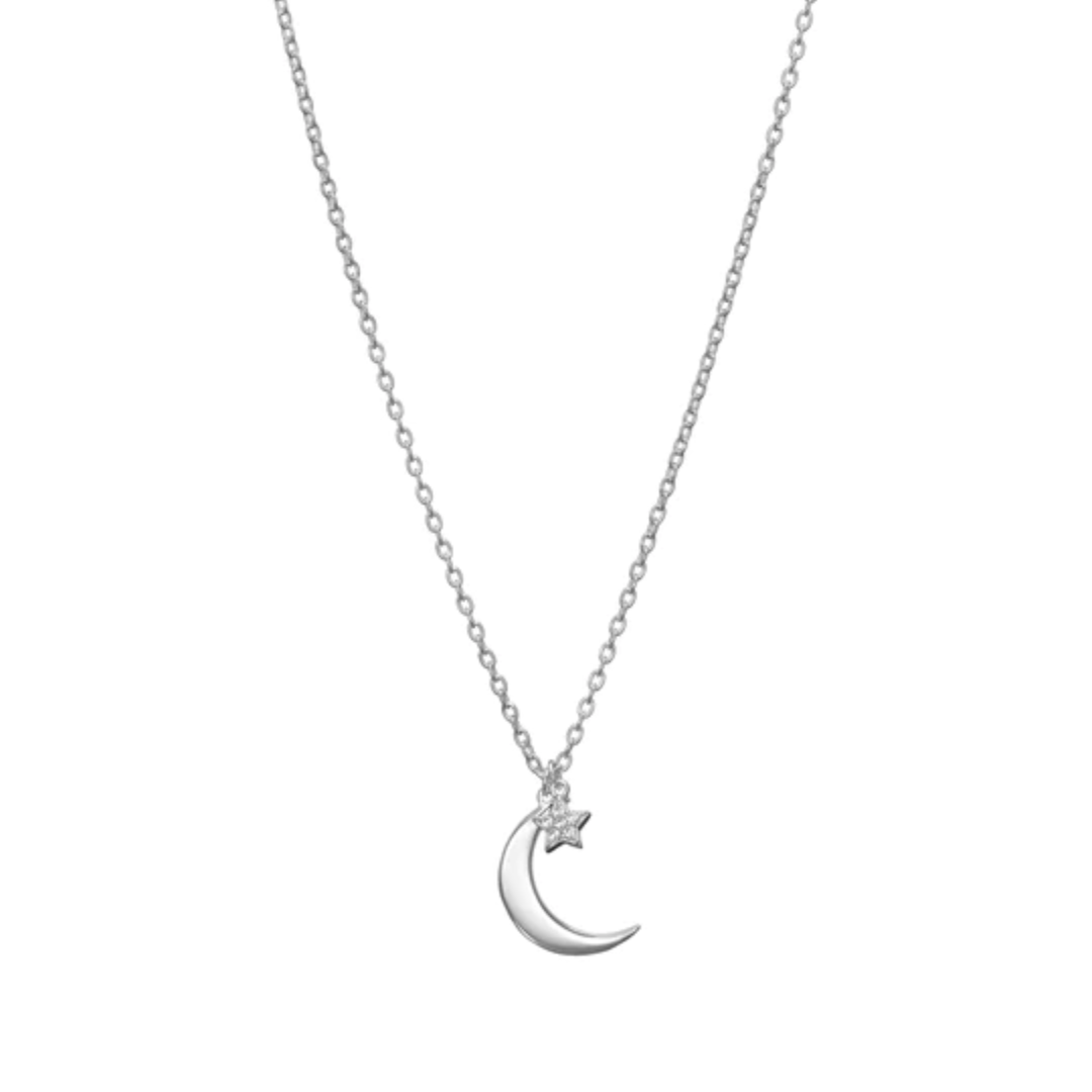 Silver Crescent Moon & Pavé Star Necklace