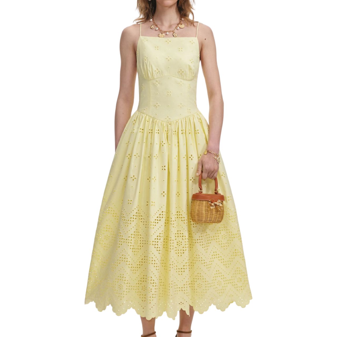 Yellow Cotton Broderie Midi Dress